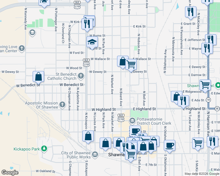 map of restaurants, bars, coffee shops, grocery stores, and more near 627 North Park Avenue in Shawnee