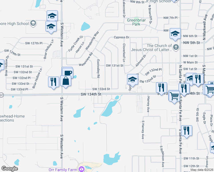 map of restaurants, bars, coffee shops, grocery stores, and more near 13316 Turtle Creek Drive in Oklahoma City