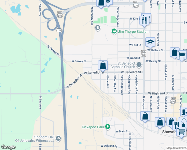map of restaurants, bars, coffee shops, grocery stores, and more near 601 North Kennedy Avenue in Shawnee
