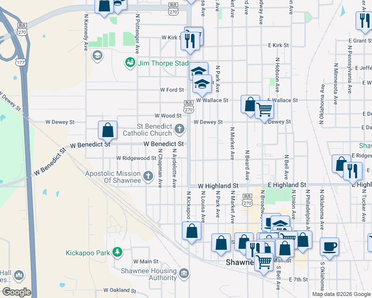map of restaurants, bars, coffee shops, grocery stores, and more near 620 North Kickapoo Avenue in Shawnee