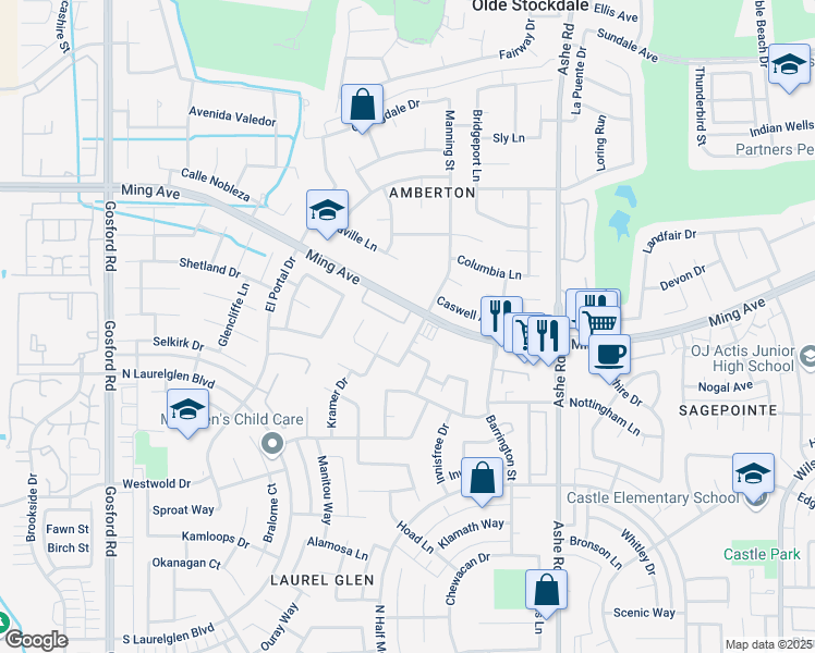map of restaurants, bars, coffee shops, grocery stores, and more near 2109 Manning Street in Bakersfield