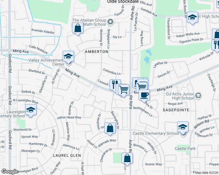 map of restaurants, bars, coffee shops, grocery stores, and more near 6709 Caswell Avenue in Bakersfield