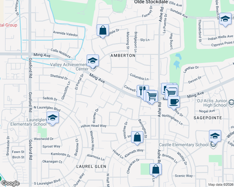 map of restaurants, bars, coffee shops, grocery stores, and more near 7107 Ming Avenue in Bakersfield