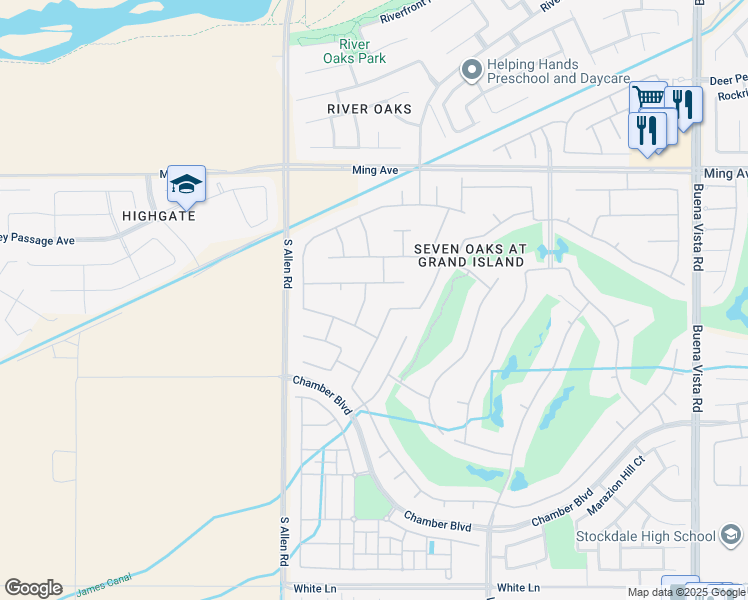 map of restaurants, bars, coffee shops, grocery stores, and more near 2206 Ribble Valley Drive in Bakersfield