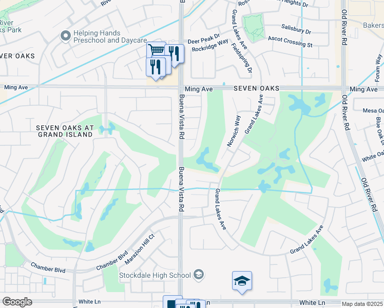 map of restaurants, bars, coffee shops, grocery stores, and more near 2120 Wedgemont Place in Bakersfield