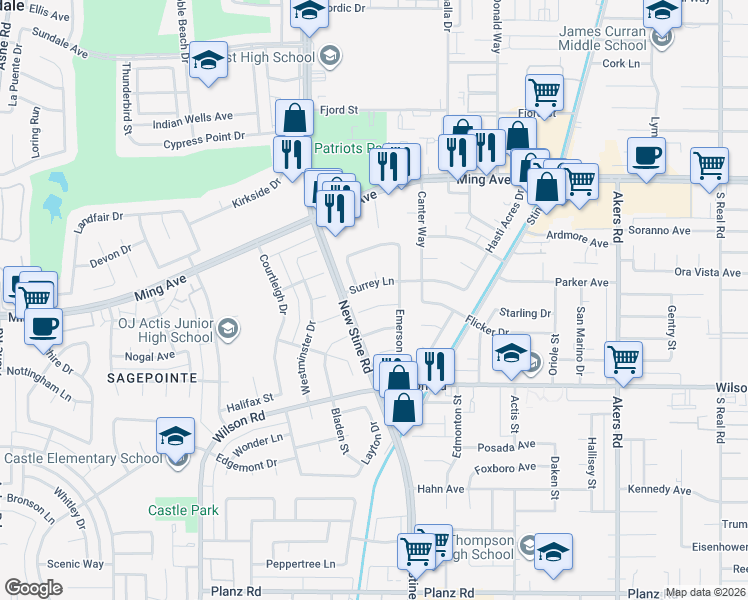 map of restaurants, bars, coffee shops, grocery stores, and more near 5100 Belcrest Avenue in Bakersfield