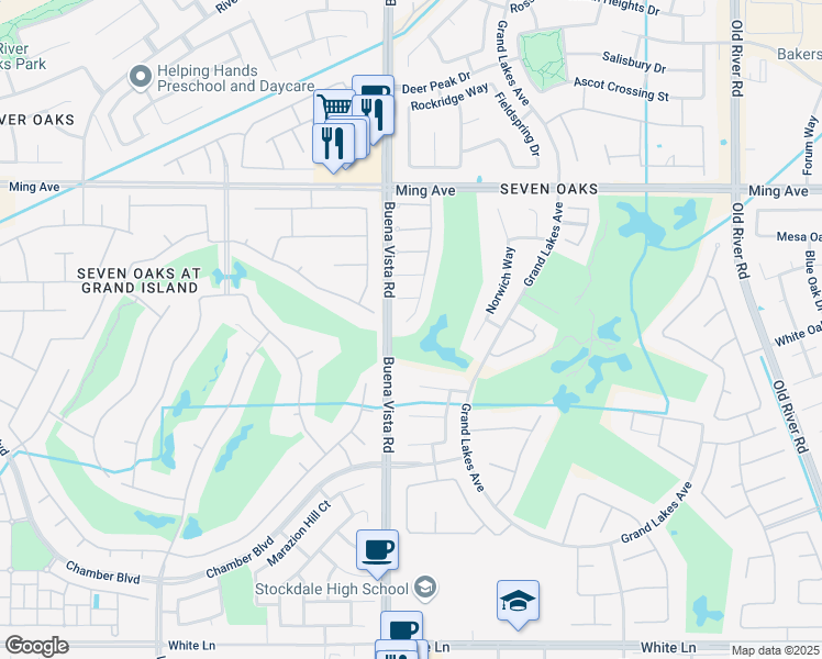 map of restaurants, bars, coffee shops, grocery stores, and more near 2120 Wedgemont Place in Bakersfield