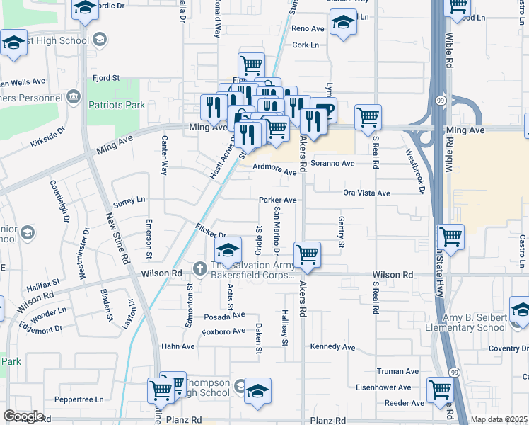 map of restaurants, bars, coffee shops, grocery stores, and more near 2109 Oriole Street in Bakersfield