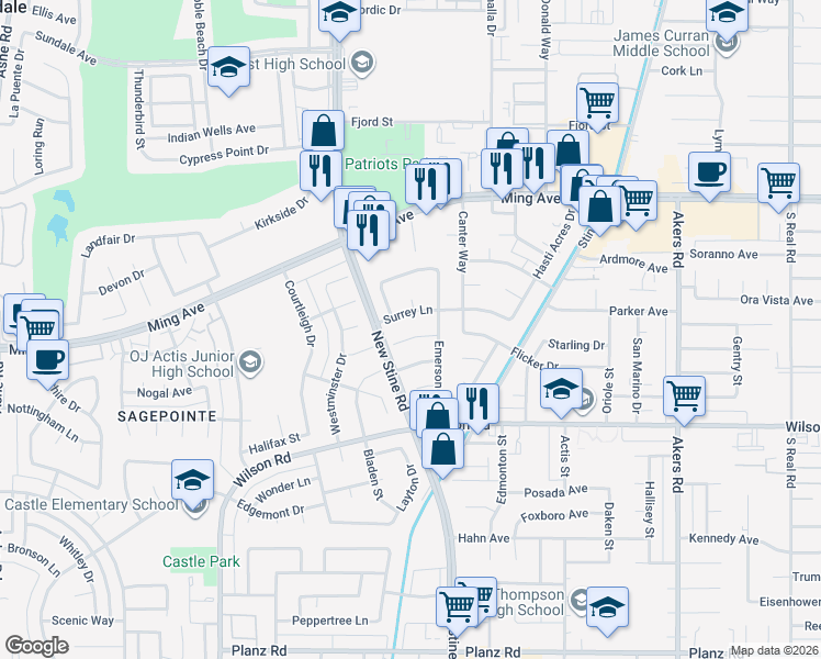 map of restaurants, bars, coffee shops, grocery stores, and more near 5100 Belcrest Avenue in Bakersfield