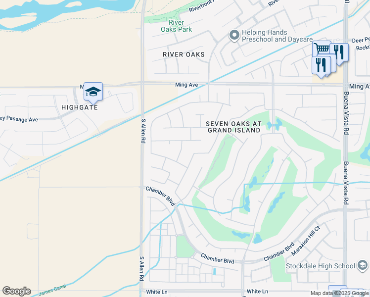map of restaurants, bars, coffee shops, grocery stores, and more near 2206 Ribble Valley Drive in Bakersfield