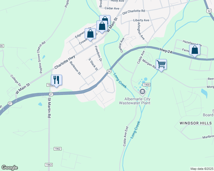 map of restaurants, bars, coffee shops, grocery stores, and more near 400 Creekridge Circle in Albemarle