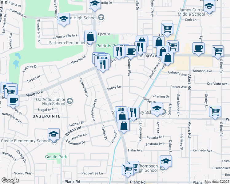 map of restaurants, bars, coffee shops, grocery stores, and more near 5104 Belcrest Avenue in Bakersfield