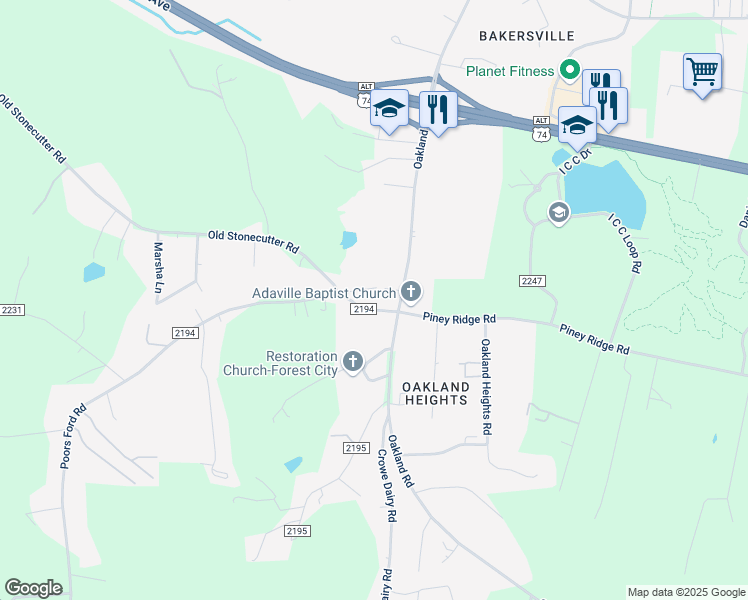 map of restaurants, bars, coffee shops, grocery stores, and more near 137 Poors Ford Road in Rutherfordton