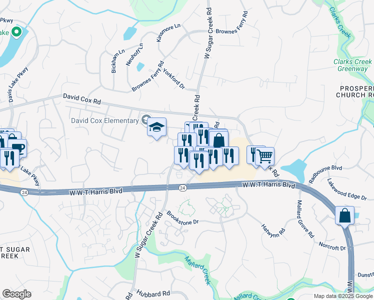 map of restaurants, bars, coffee shops, grocery stores, and more near 6402 West Sugar Creek Road in Charlotte