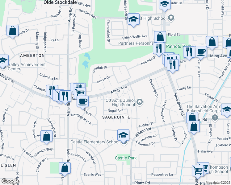 map of restaurants, bars, coffee shops, grocery stores, and more near 2101 Pinon Springs Circle East in Bakersfield