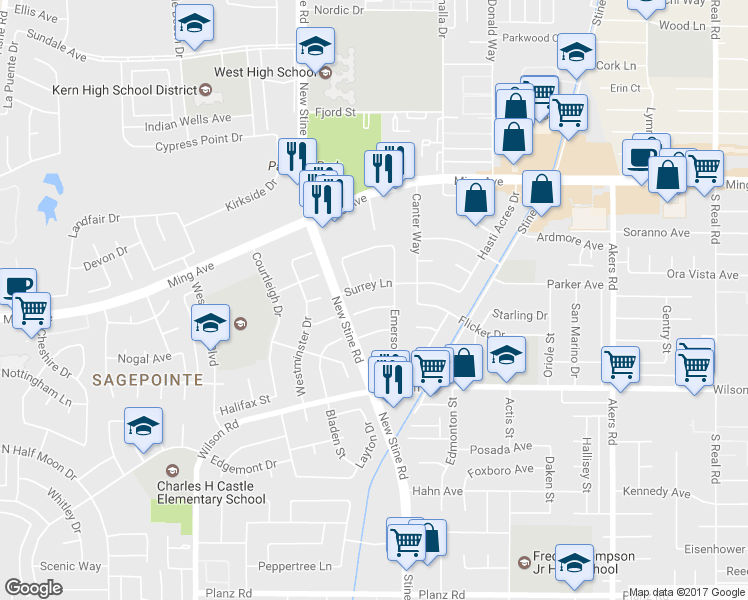 map of restaurants, bars, coffee shops, grocery stores, and more near 5100 Belcrest Avenue in Bakersfield
