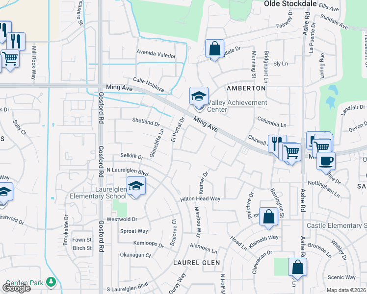 map of restaurants, bars, coffee shops, grocery stores, and more near 7316 Calle Los Manzanos in Bakersfield