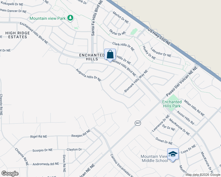 map of restaurants, bars, coffee shops, grocery stores, and more near 6949 Concord Hills Loop Northeast in Rio Rancho