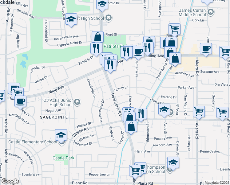 map of restaurants, bars, coffee shops, grocery stores, and more near 5125 Surrey Ln in Bakersfield