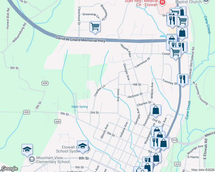 map of restaurants, bars, coffee shops, grocery stores, and more near 329 Thacker Lane in Etowah
