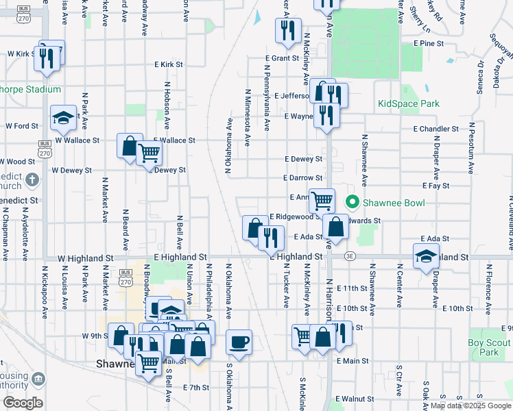 map of restaurants, bars, coffee shops, grocery stores, and more near 527 E Anna St in Shawnee