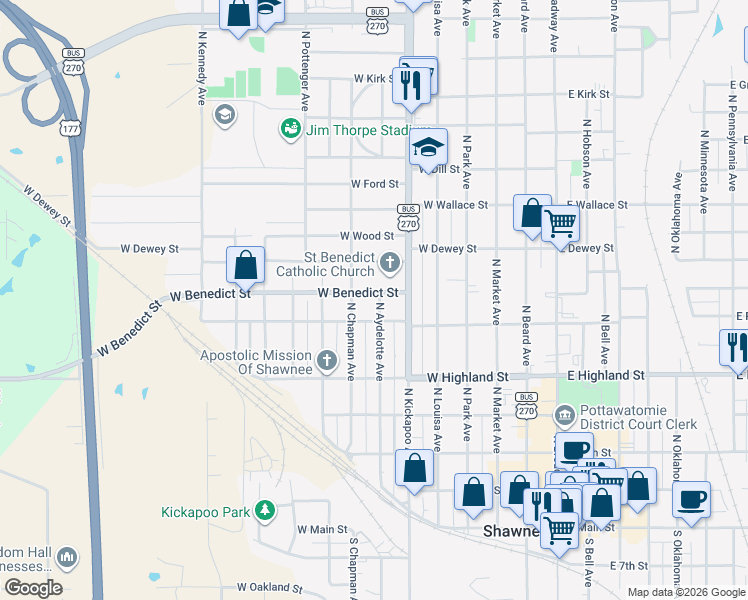 map of restaurants, bars, coffee shops, grocery stores, and more near 624 North Aydelotte Avenue in Shawnee