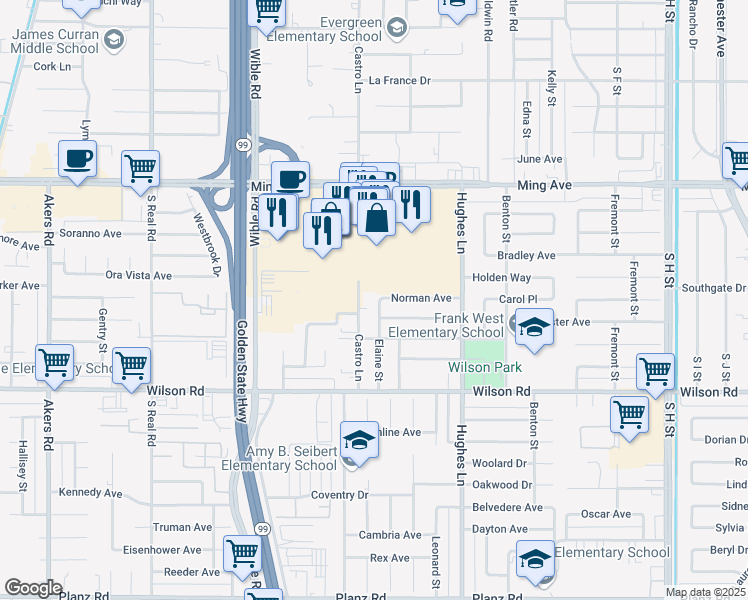 map of restaurants, bars, coffee shops, grocery stores, and more near 2101 Elaine Street in Bakersfield
