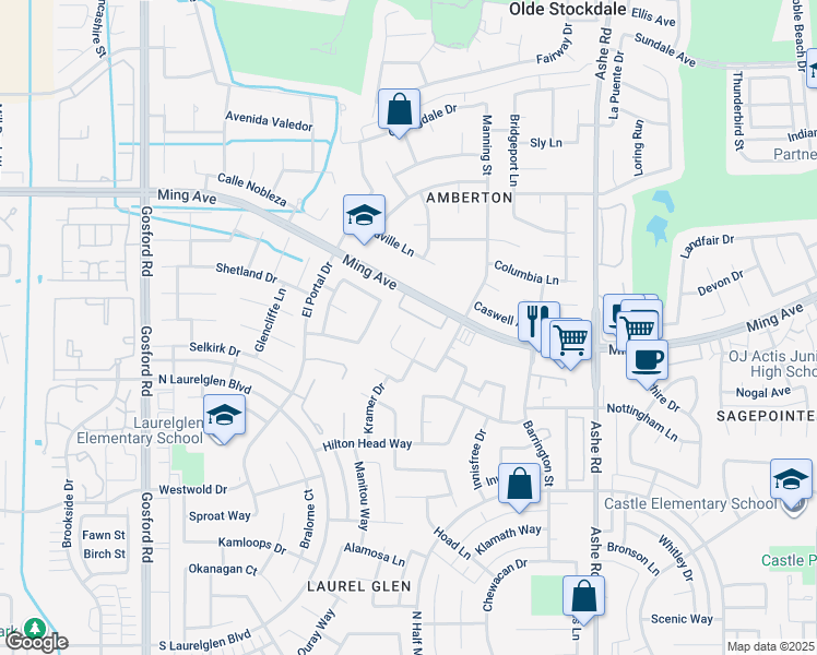 map of restaurants, bars, coffee shops, grocery stores, and more near 7308 Lahaina Avenue in Bakersfield