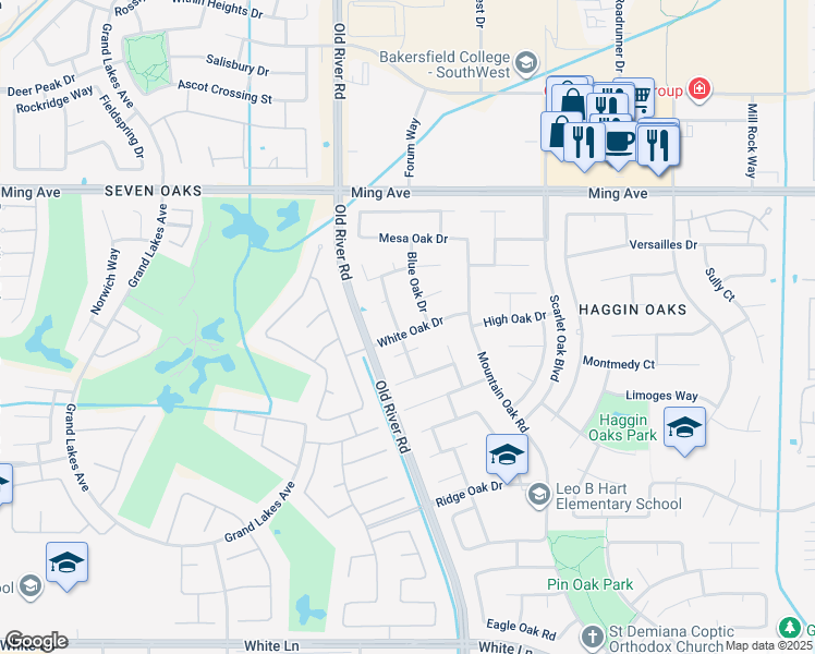 map of restaurants, bars, coffee shops, grocery stores, and more near 2108 Dell Oak Lane in Bakersfield