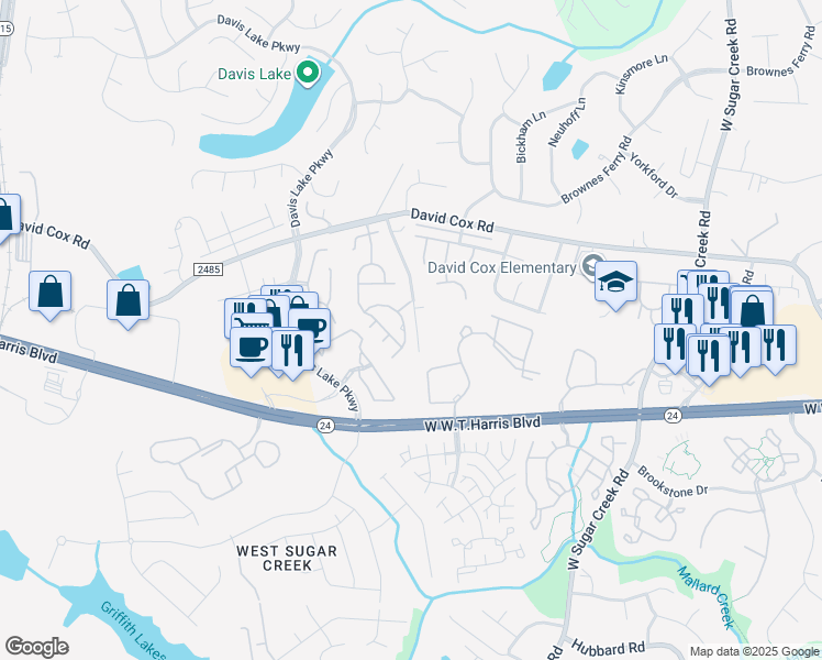 map of restaurants, bars, coffee shops, grocery stores, and more near 8352 Chaceview Court in Charlotte