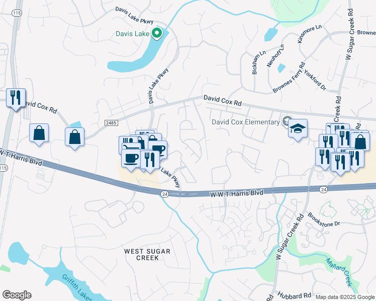 map of restaurants, bars, coffee shops, grocery stores, and more near 6212 Castleglen Court in Charlotte