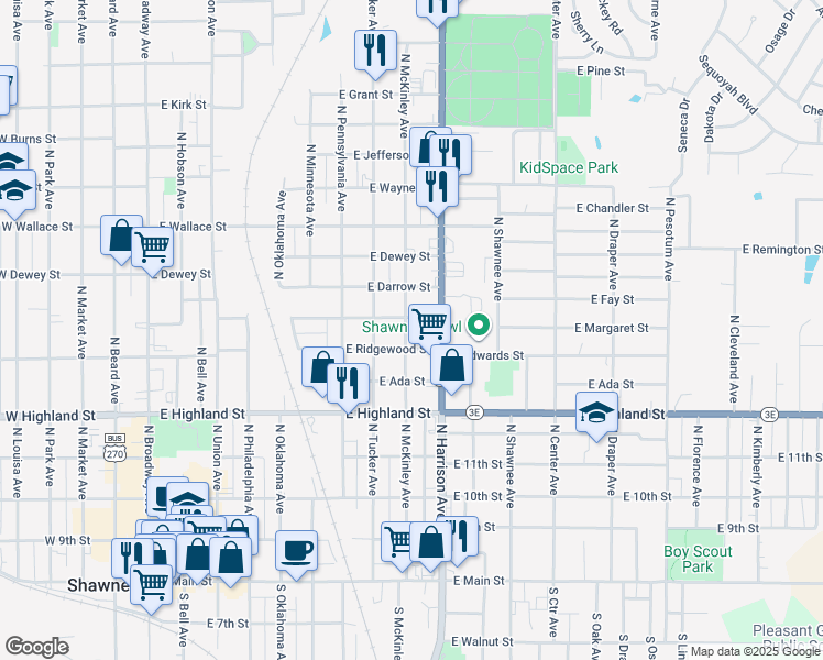 map of restaurants, bars, coffee shops, grocery stores, and more near 731 North McKinley Avenue in Shawnee