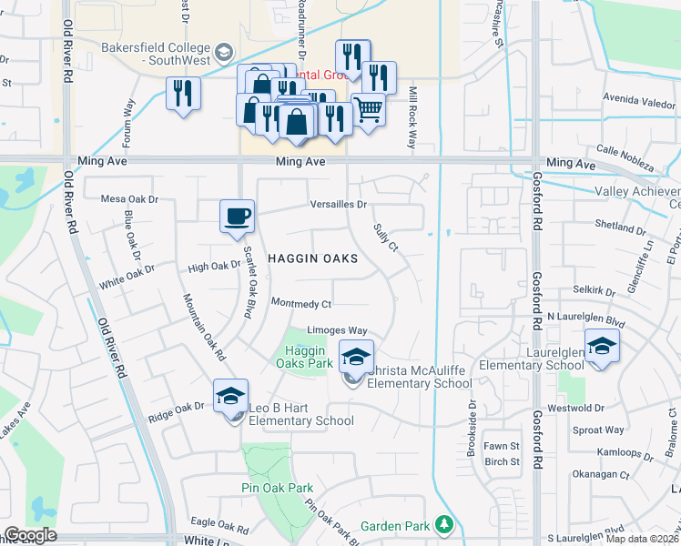 map of restaurants, bars, coffee shops, grocery stores, and more near 8904 Saint Cloud Lane in Bakersfield