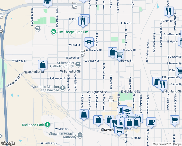 map of restaurants, bars, coffee shops, grocery stores, and more near 627 North Louisa Avenue in Shawnee