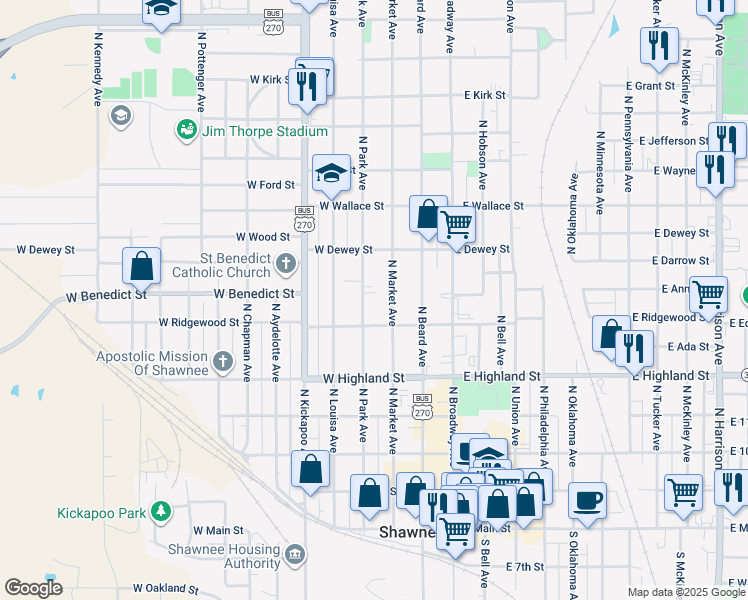 map of restaurants, bars, coffee shops, grocery stores, and more near 627 North Park Avenue in Shawnee