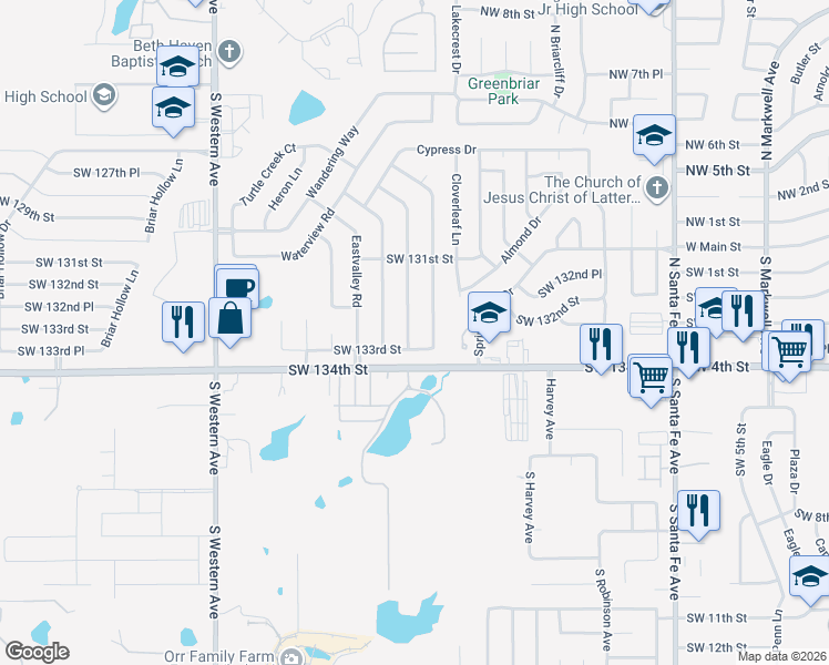 map of restaurants, bars, coffee shops, grocery stores, and more near 13316 Turtle Creek Drive in Oklahoma City