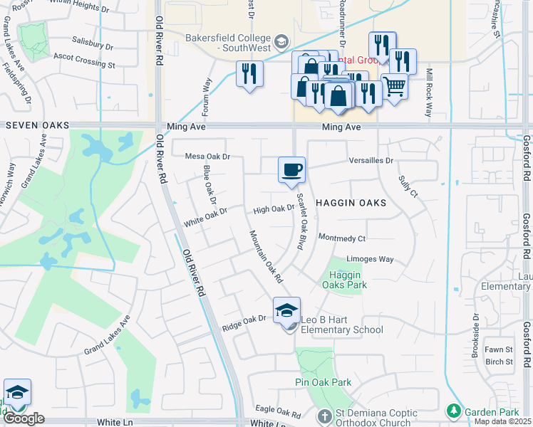 map of restaurants, bars, coffee shops, grocery stores, and more near 9501 High Oak Drive in Bakersfield