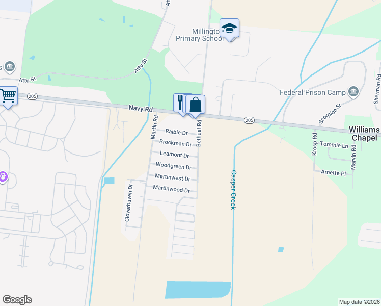 map of restaurants, bars, coffee shops, grocery stores, and more near 6350 Leamont Drive in Millington