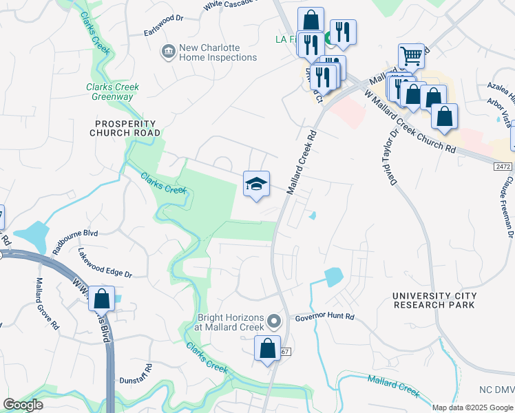 map of restaurants, bars, coffee shops, grocery stores, and more near 9801 Mallard Creek Road in Charlotte