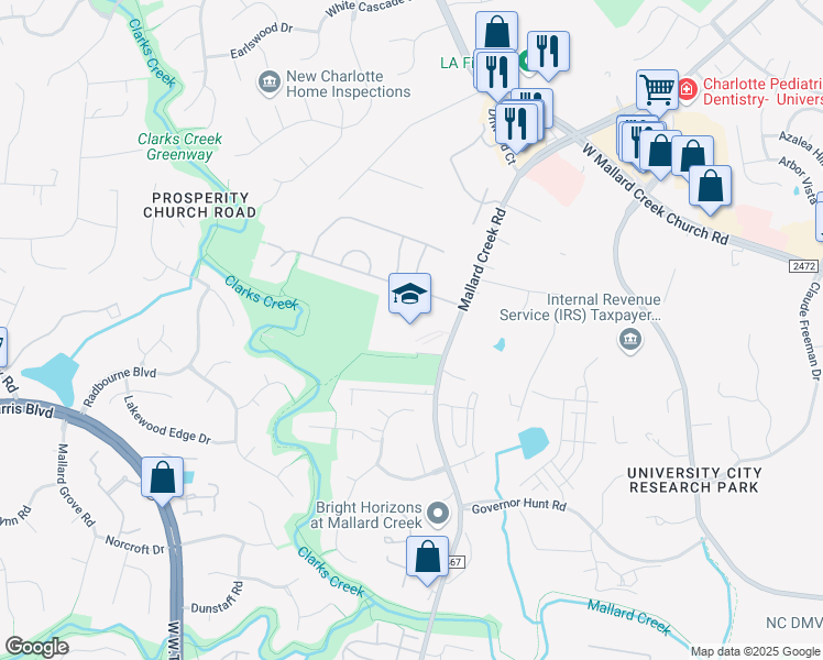 map of restaurants, bars, coffee shops, grocery stores, and more near 9801 Mallard Creek Road in Charlotte