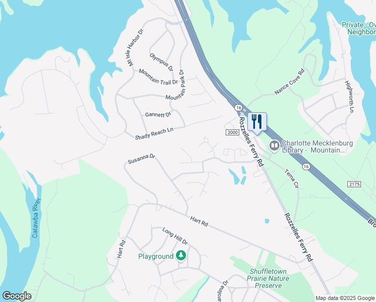 map of restaurants, bars, coffee shops, grocery stores, and more near 12144 Goff House Court in Charlotte