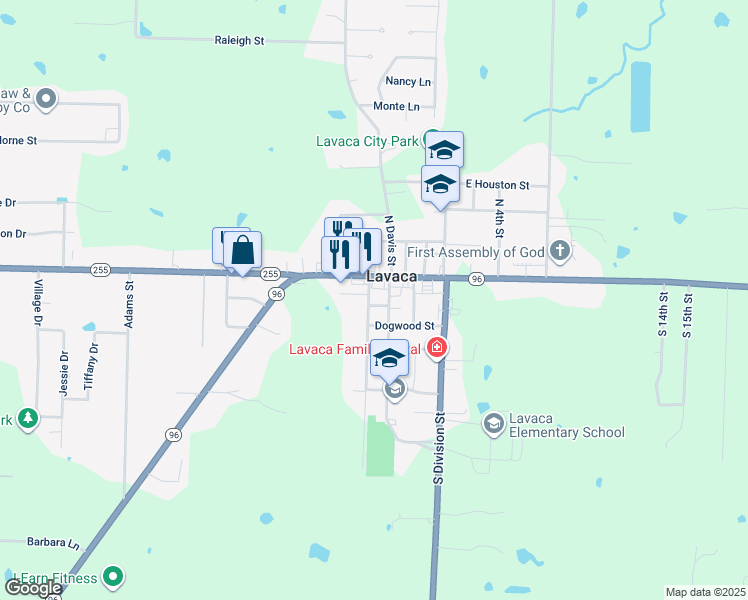 map of restaurants, bars, coffee shops, grocery stores, and more near 6 South Franklin Street in Lavaca