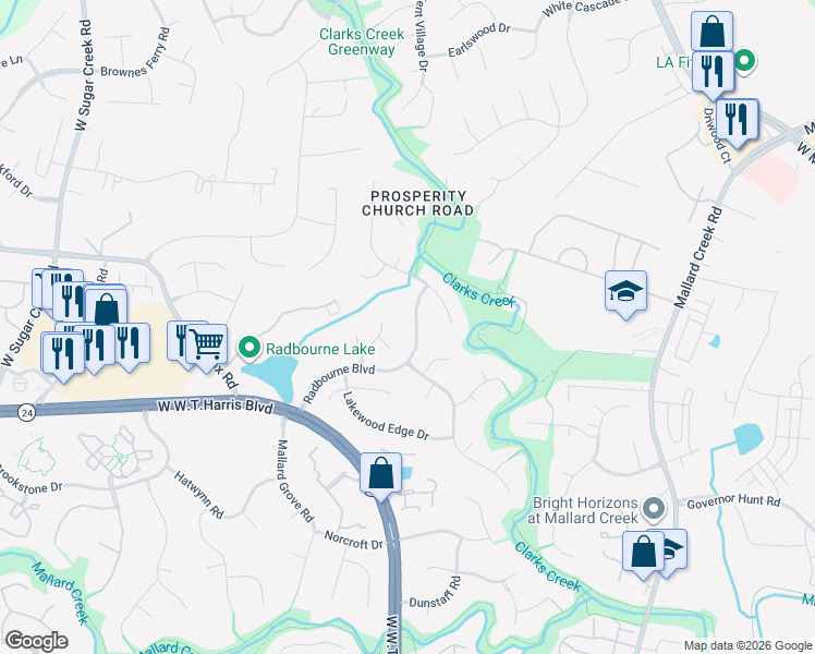 map of restaurants, bars, coffee shops, grocery stores, and more near 3623 Radbourne Boulevard in Charlotte