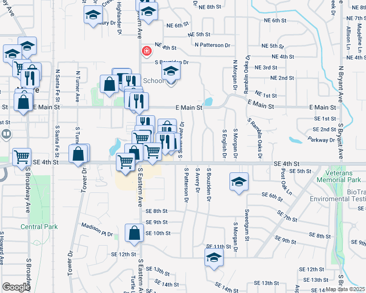 map of restaurants, bars, coffee shops, grocery stores, and more near 316 South Silver Leaf Drive in Moore