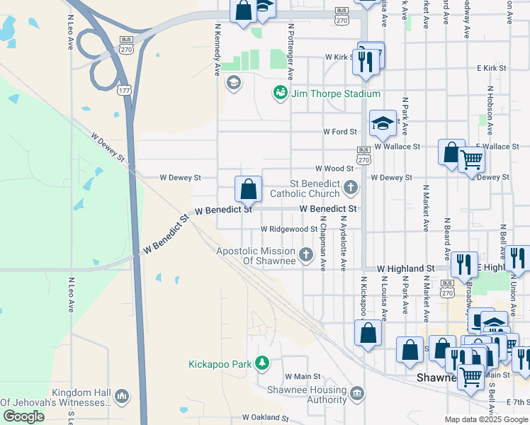map of restaurants, bars, coffee shops, grocery stores, and more near 829 West Benedict Street in Shawnee