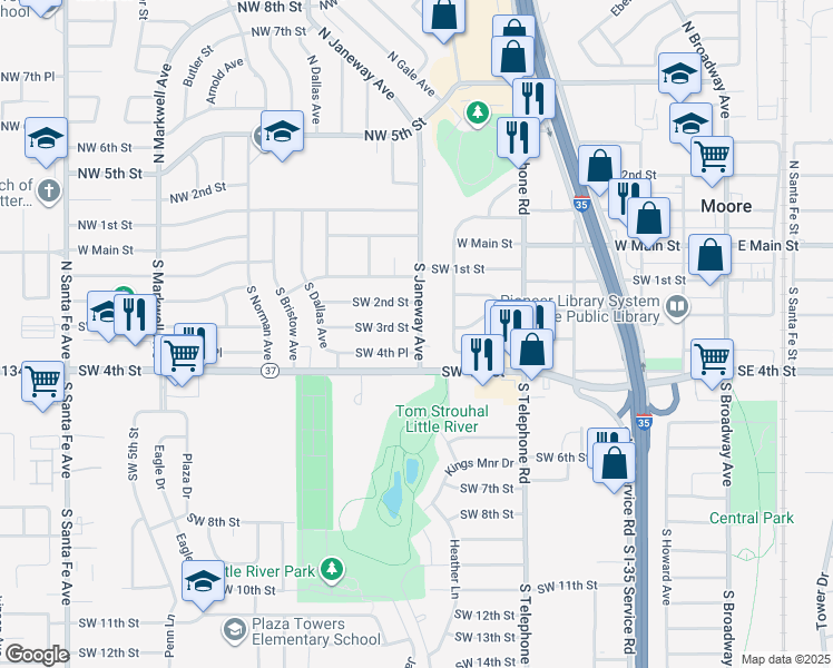 map of restaurants, bars, coffee shops, grocery stores, and more near 305 South Janeway Avenue in Moore
