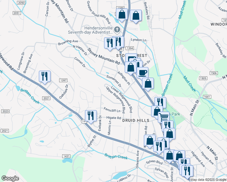 map of restaurants, bars, coffee shops, grocery stores, and more near 2006 Upper Ridgewood Boulevard in Hendersonville