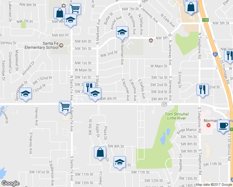 map of restaurants, bars, coffee shops, grocery stores, and more near 928 Southwest 3rd Street in Moore