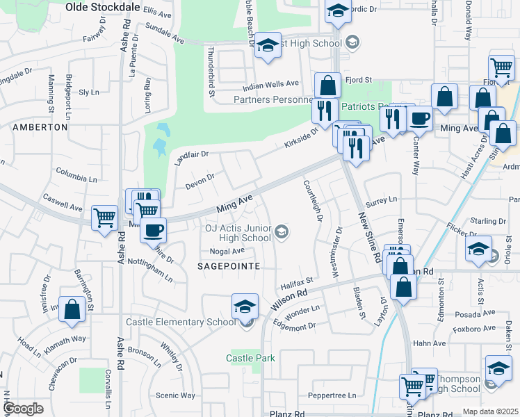 map of restaurants, bars, coffee shops, grocery stores, and more near 2105 Westholme Boulevard in Bakersfield