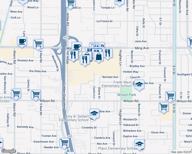 map of restaurants, bars, coffee shops, grocery stores, and more near 2101 Elaine Street in Bakersfield